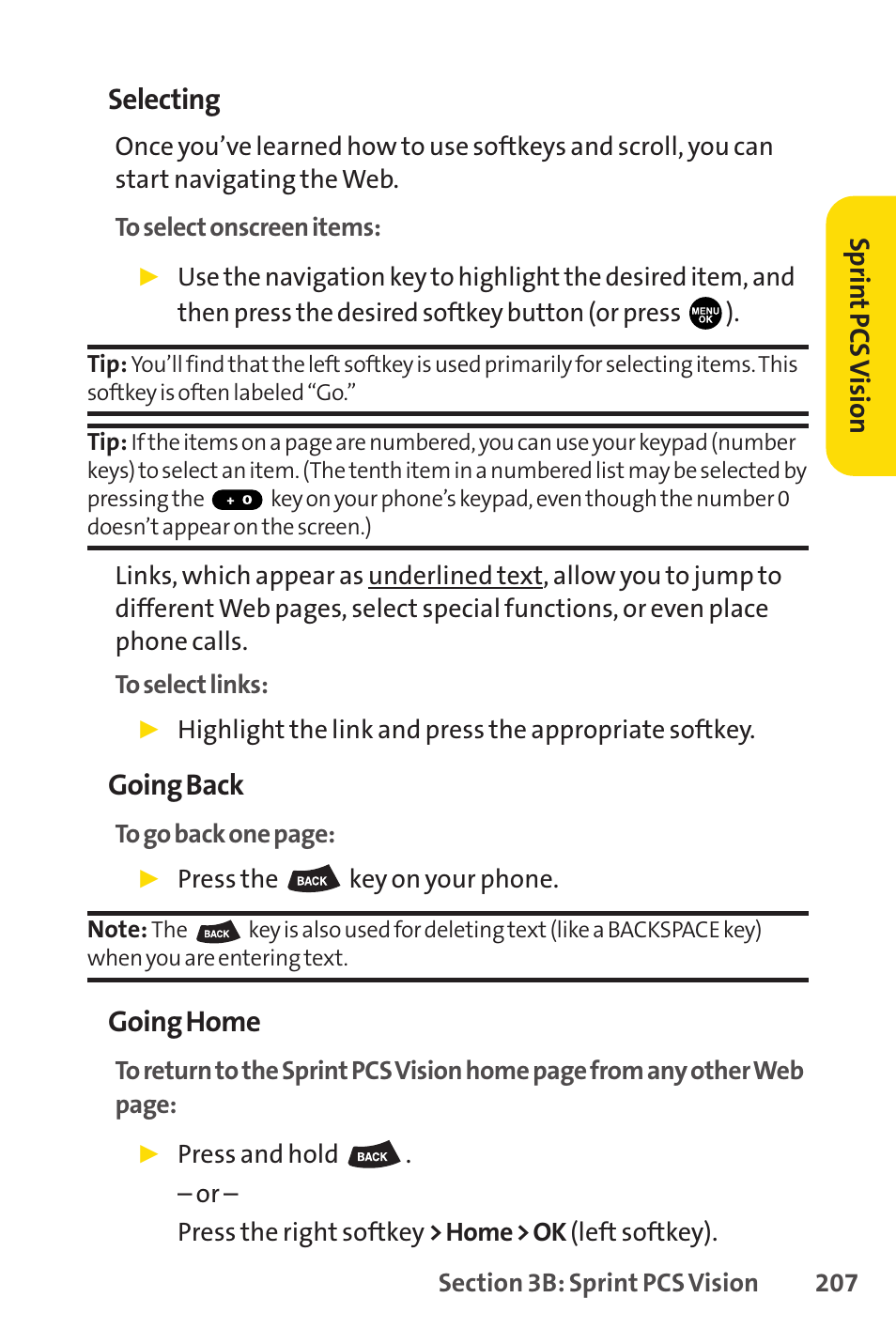 Selecting, Going back, Going home | Sprint Nextel PCSVISIONPHONE SCP-3100 User Manual | Page 223 / 270