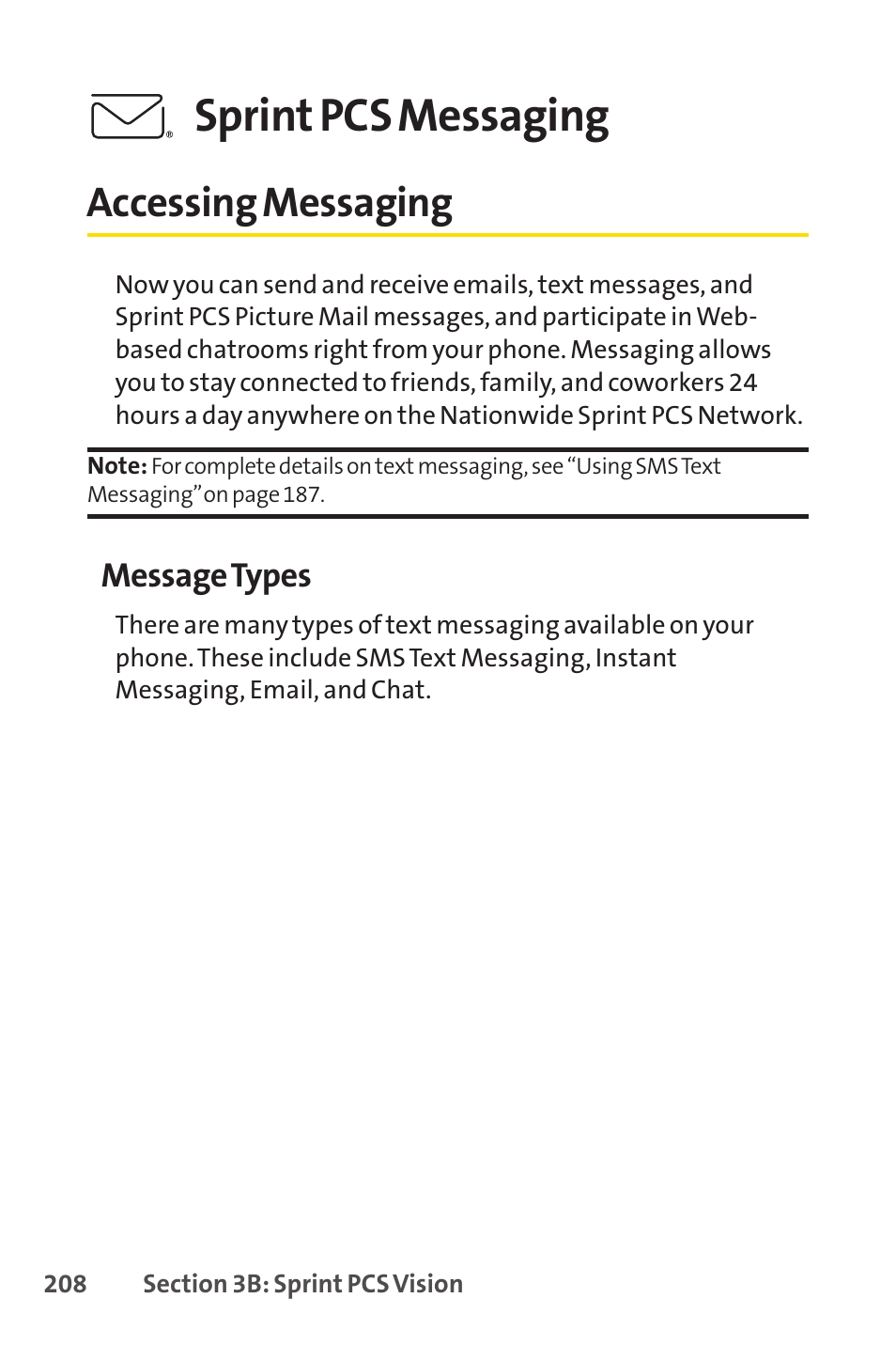 Accessing messaging, Sprint pcs messaging, Message types | Sprint Nextel PCSVISIONPHONE SCP-3100 User Manual | Page 224 / 270