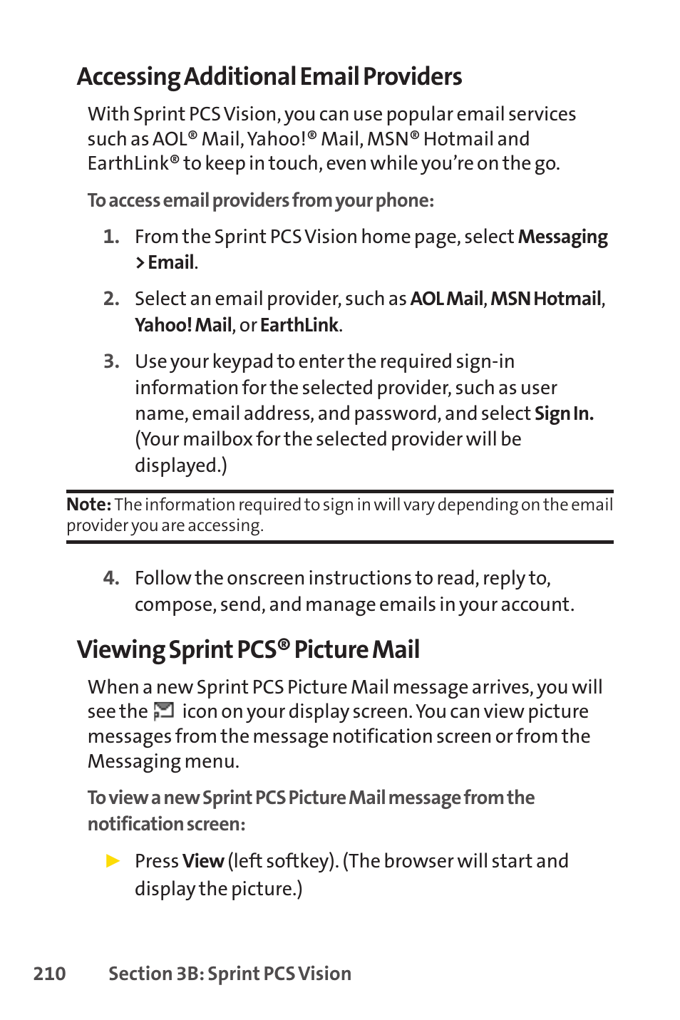 Accessing additional email providers, Viewing sprint pcs® picture mail | Sprint Nextel PCSVISIONPHONE SCP-3100 User Manual | Page 226 / 270