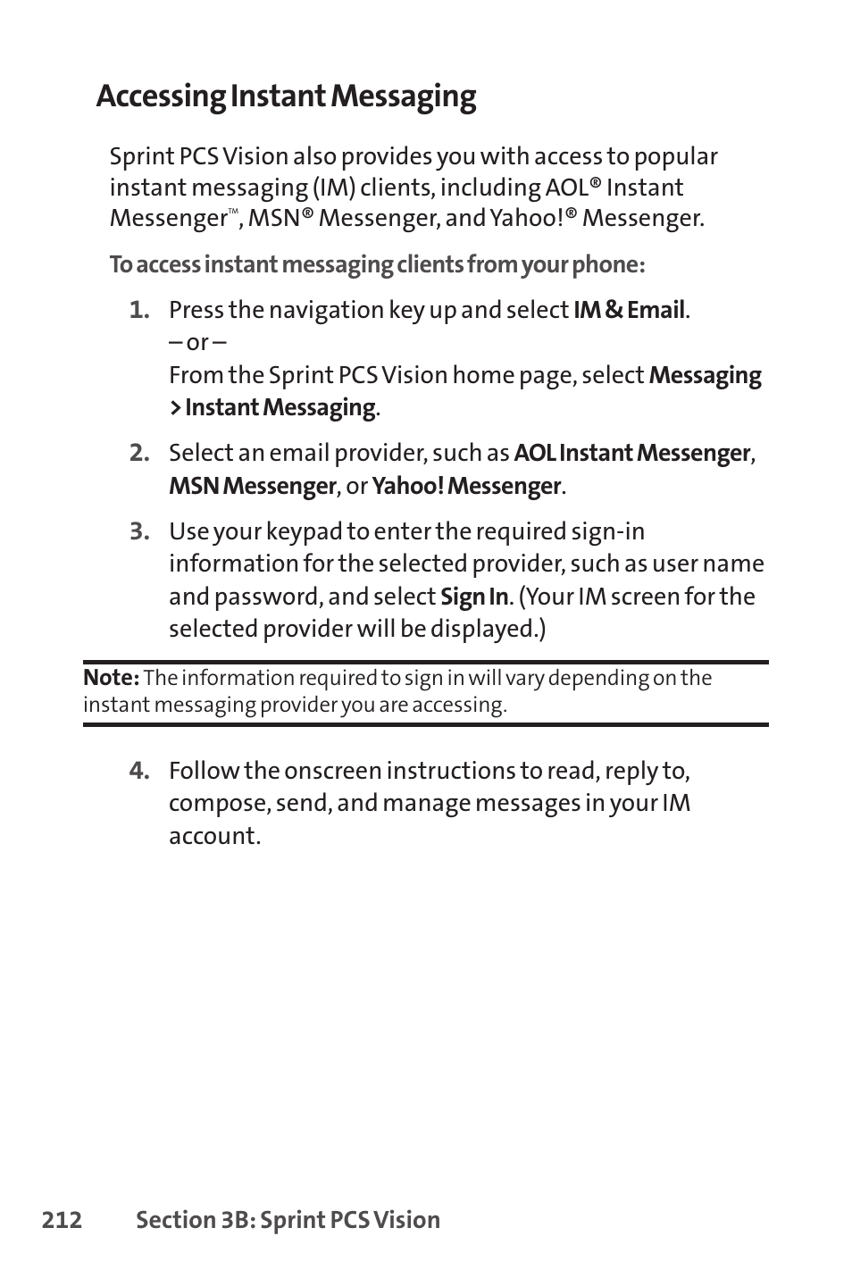 Accessing instant messaging | Sprint Nextel PCSVISIONPHONE SCP-3100 User Manual | Page 228 / 270