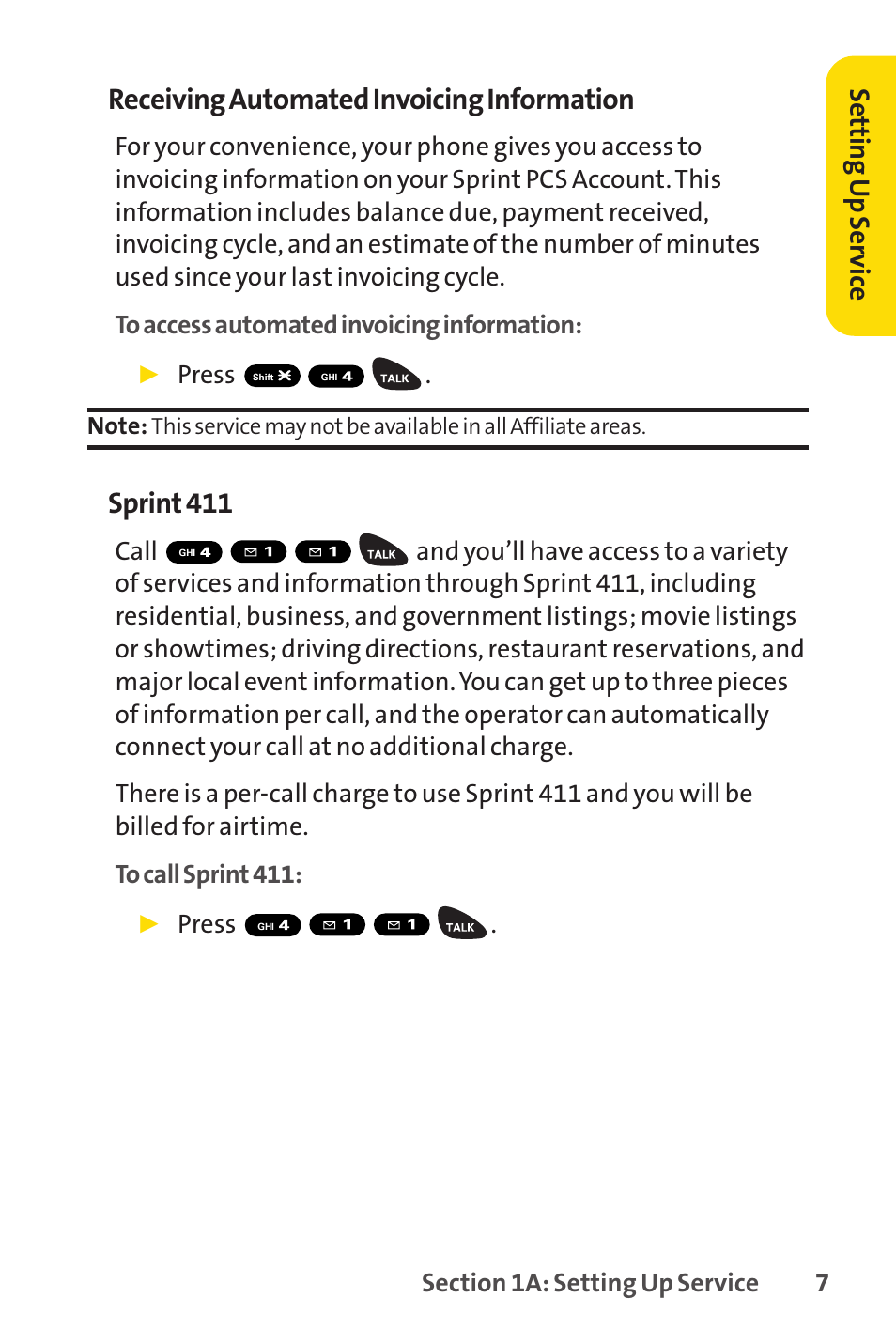 Receiving automated invoicing information, Sprint 411, Setting up ser vice | Sprint Nextel PCSVISIONPHONE SCP-3100 User Manual | Page 23 / 270