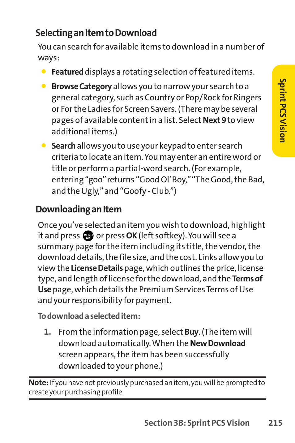 Selecting an item to download, Downloading an item | Sprint Nextel PCSVISIONPHONE SCP-3100 User Manual | Page 231 / 270