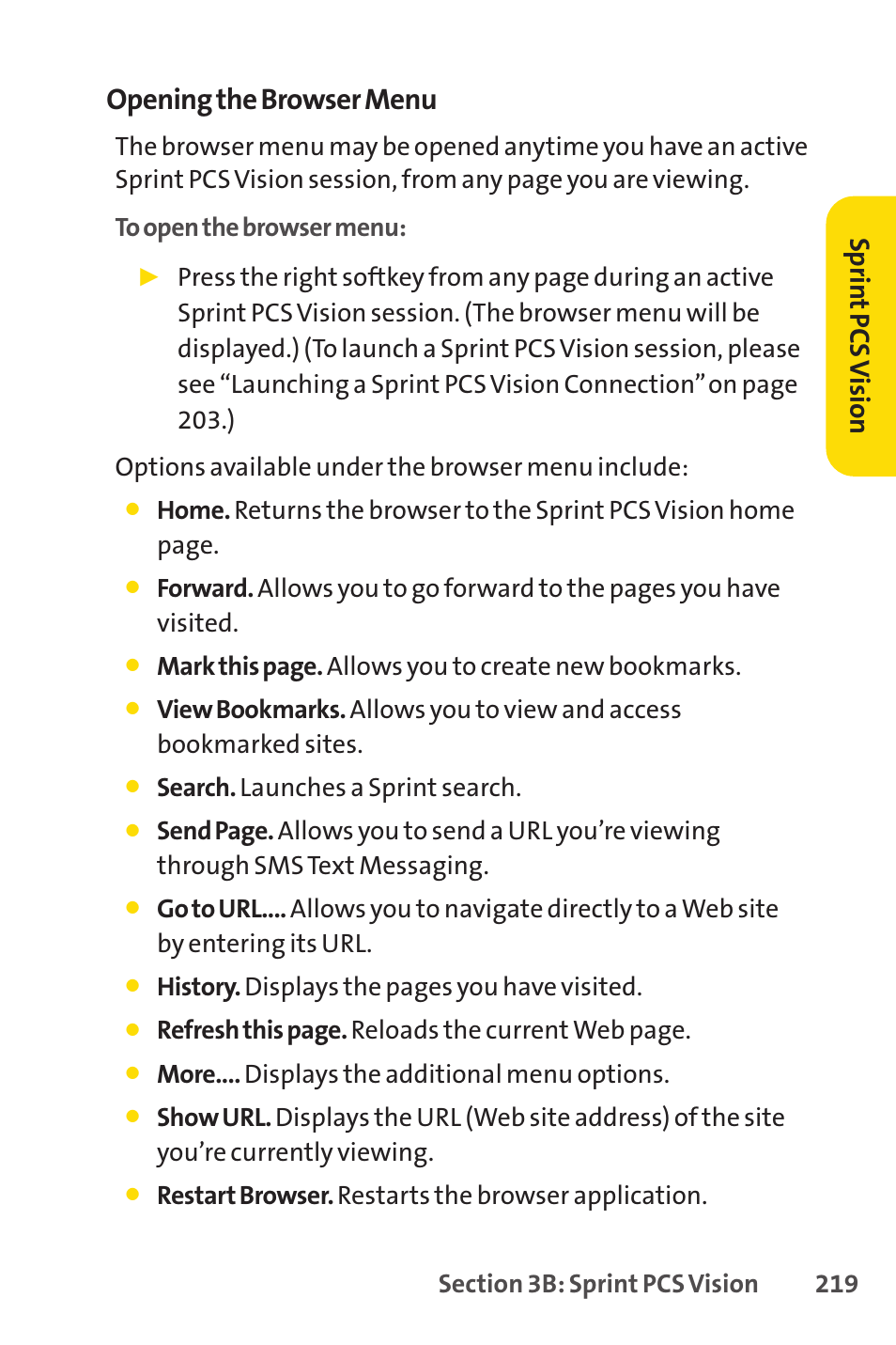 Opening the browser menu, Sprin t pcs v ision | Sprint Nextel PCSVISIONPHONE SCP-3100 User Manual | Page 235 / 270