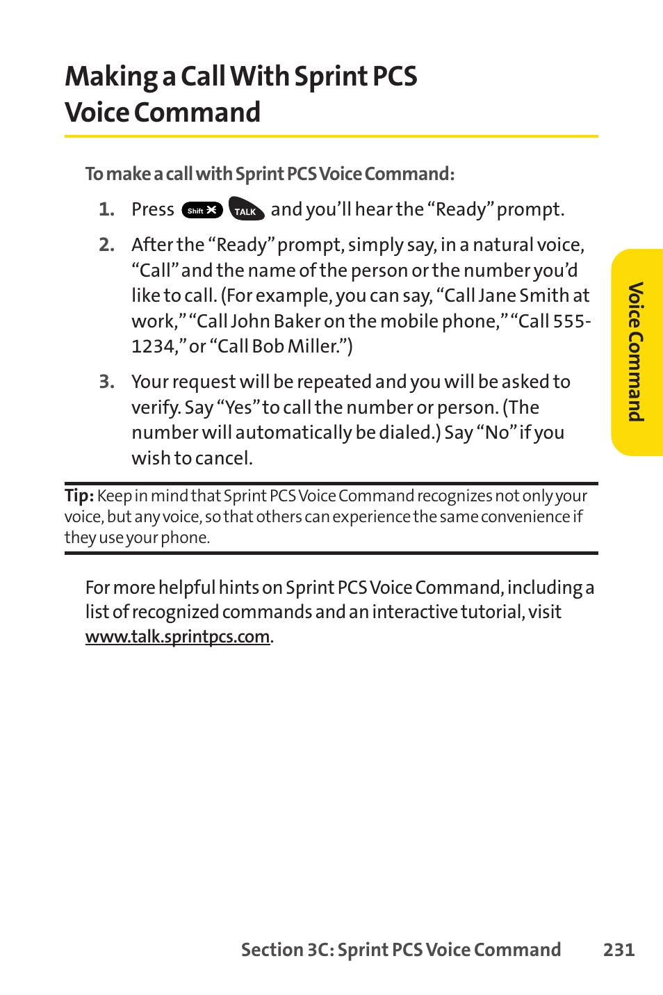 Making a call with sprint pcs voice command | Sprint Nextel PCSVISIONPHONE SCP-3100 User Manual | Page 247 / 270