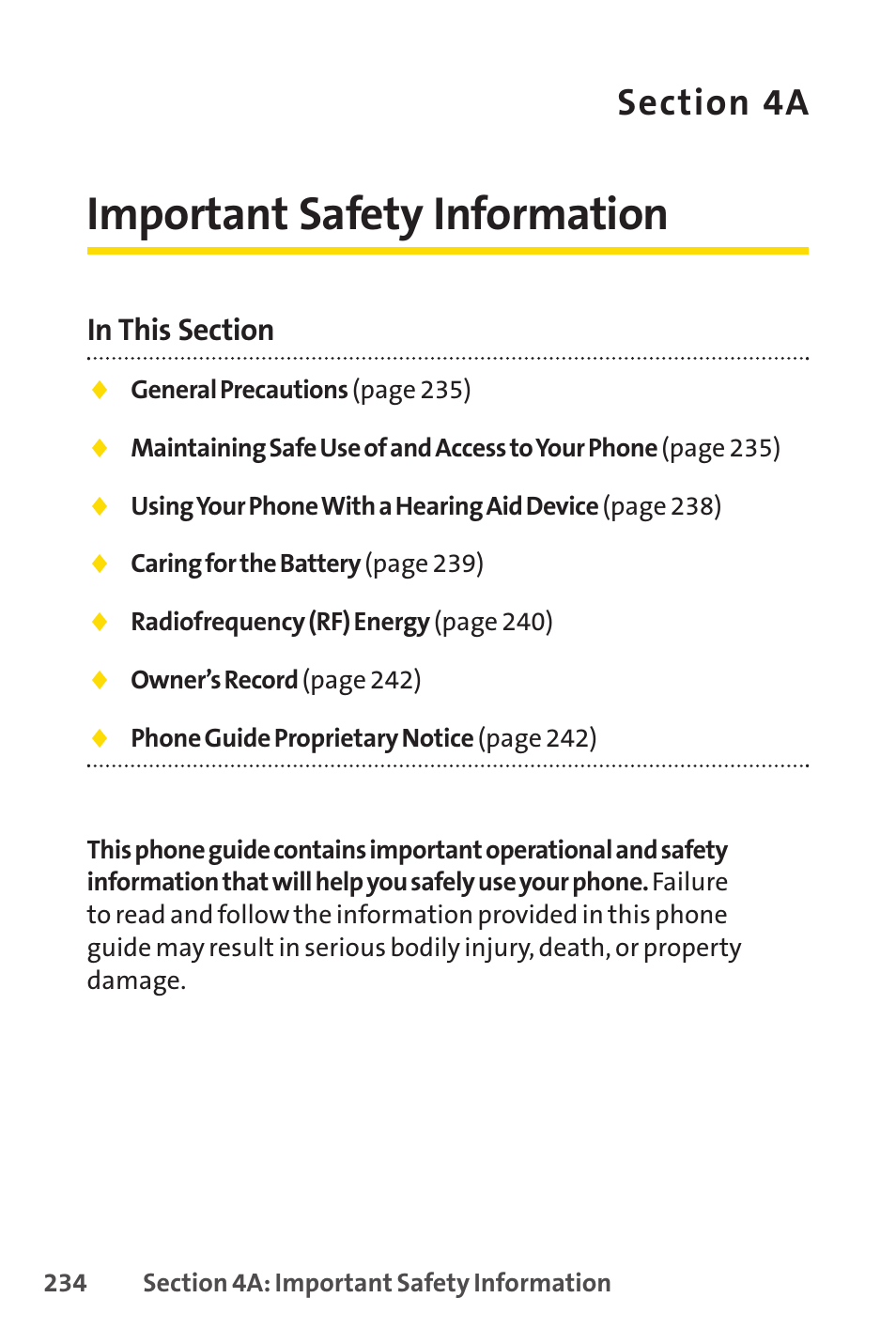 4a. important safety information, Important safety information | Sprint Nextel PCSVISIONPHONE SCP-3100 User Manual | Page 250 / 270
