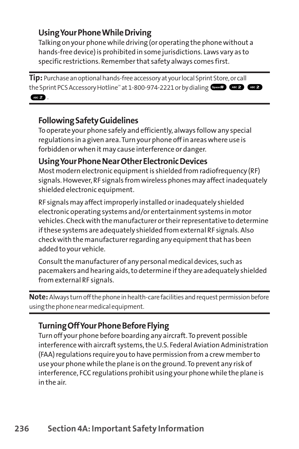 Following safety guidelines, Using your phone near other electronic devices, Turning off your phone before flying | Sprint Nextel PCSVISIONPHONE SCP-3100 User Manual | Page 252 / 270