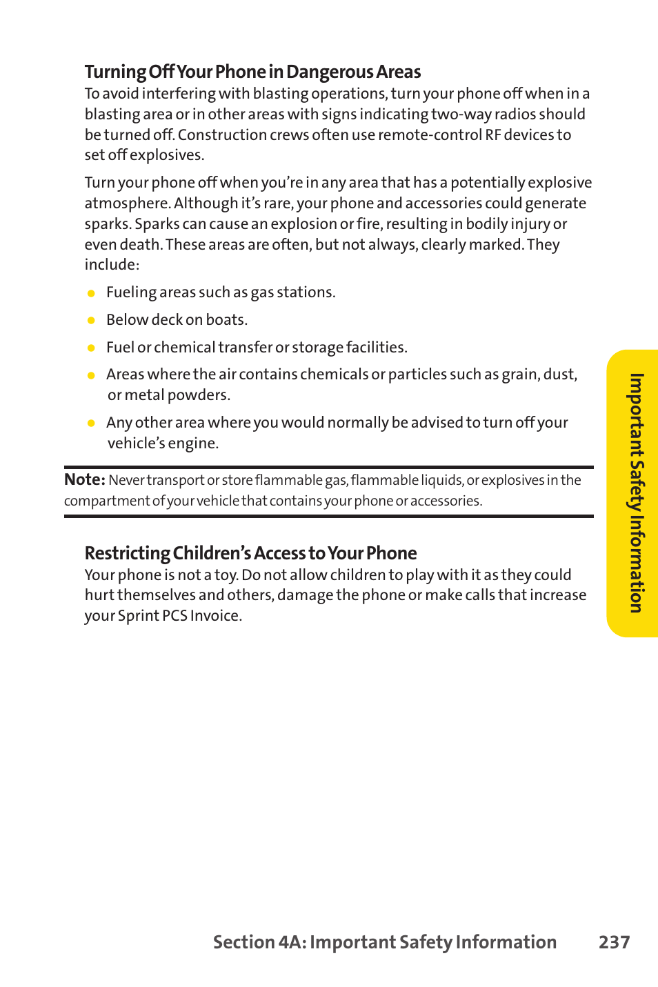 Restricting children’s access to your phone, Impor tan t saf ety inf orma tion | Sprint Nextel PCSVISIONPHONE SCP-3100 User Manual | Page 253 / 270