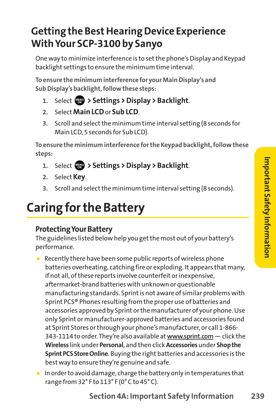 Caring for the battery | Sprint Nextel PCSVISIONPHONE SCP-3100 User Manual | Page 255 / 270