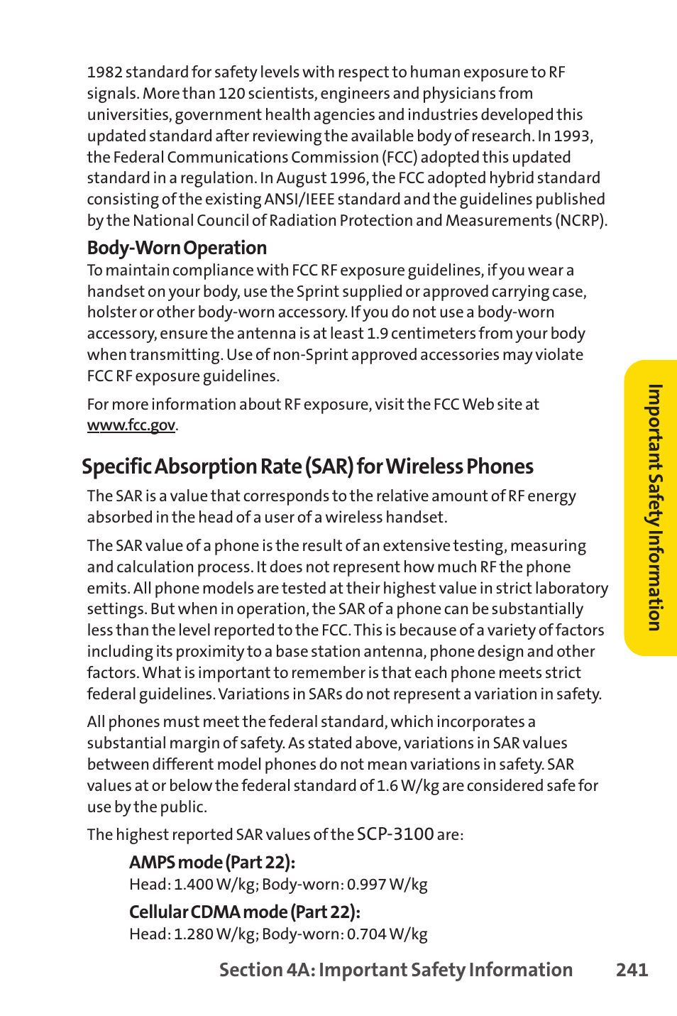 Specific absorption rate (sar) for wireless phones | Sprint Nextel PCSVISIONPHONE SCP-3100 User Manual | Page 257 / 270