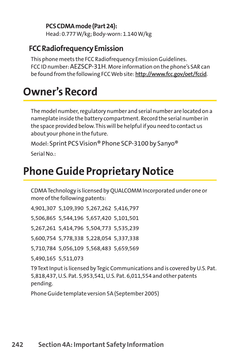 Owner’s record, Phone guide proprietary notice, Fcc radiofrequency emission | Sprint Nextel PCSVISIONPHONE SCP-3100 User Manual | Page 258 / 270