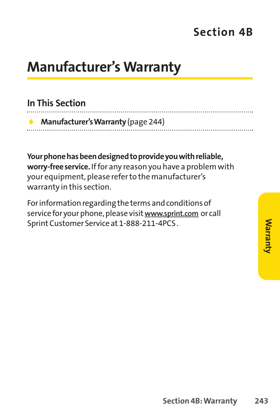 4b. manufacturer’s warranty, Manufacturer’s warranty | Sprint Nextel PCSVISIONPHONE SCP-3100 User Manual | Page 259 / 270