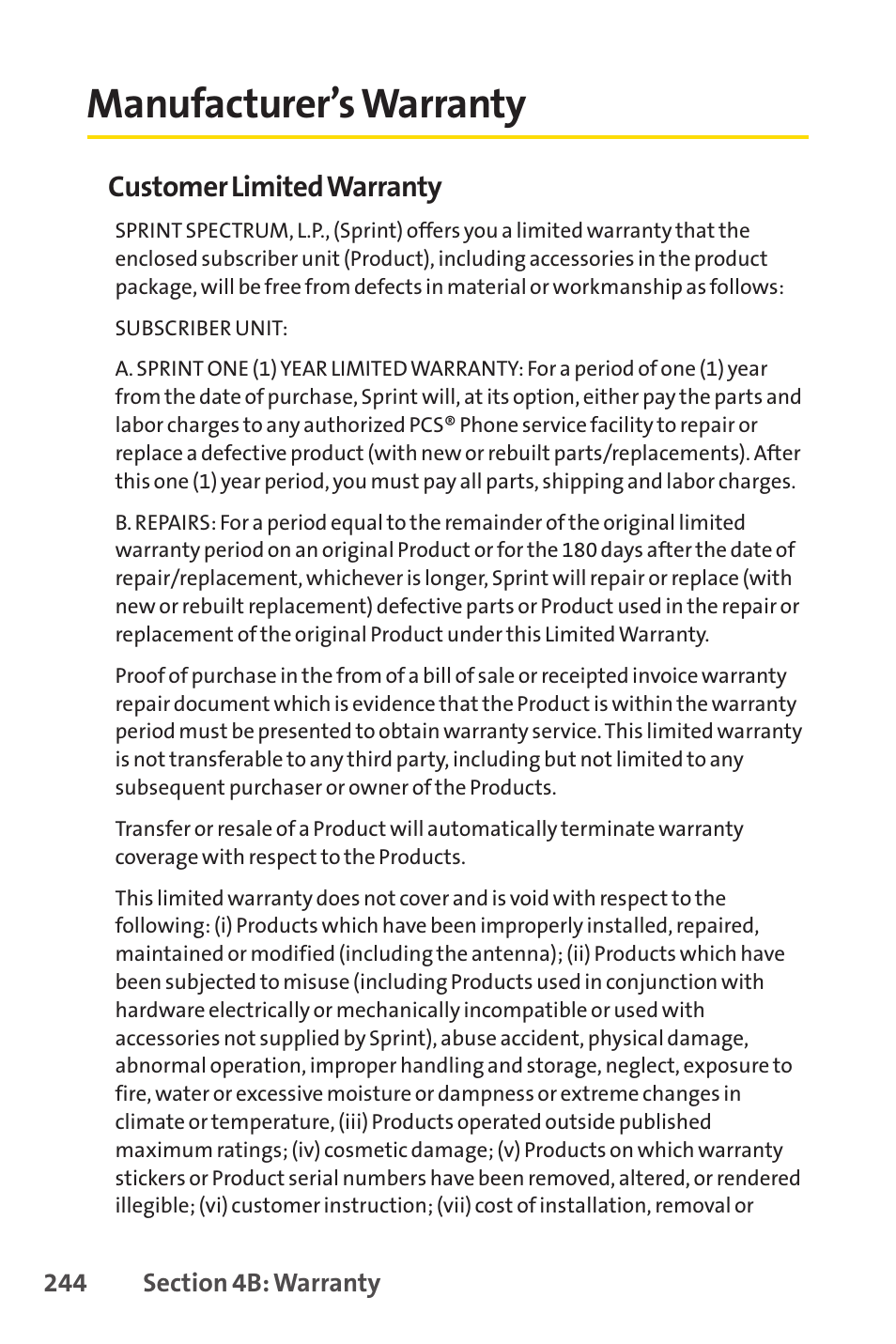 Manufacturer’s warranty, Customer limited warranty | Sprint Nextel PCSVISIONPHONE SCP-3100 User Manual | Page 260 / 270