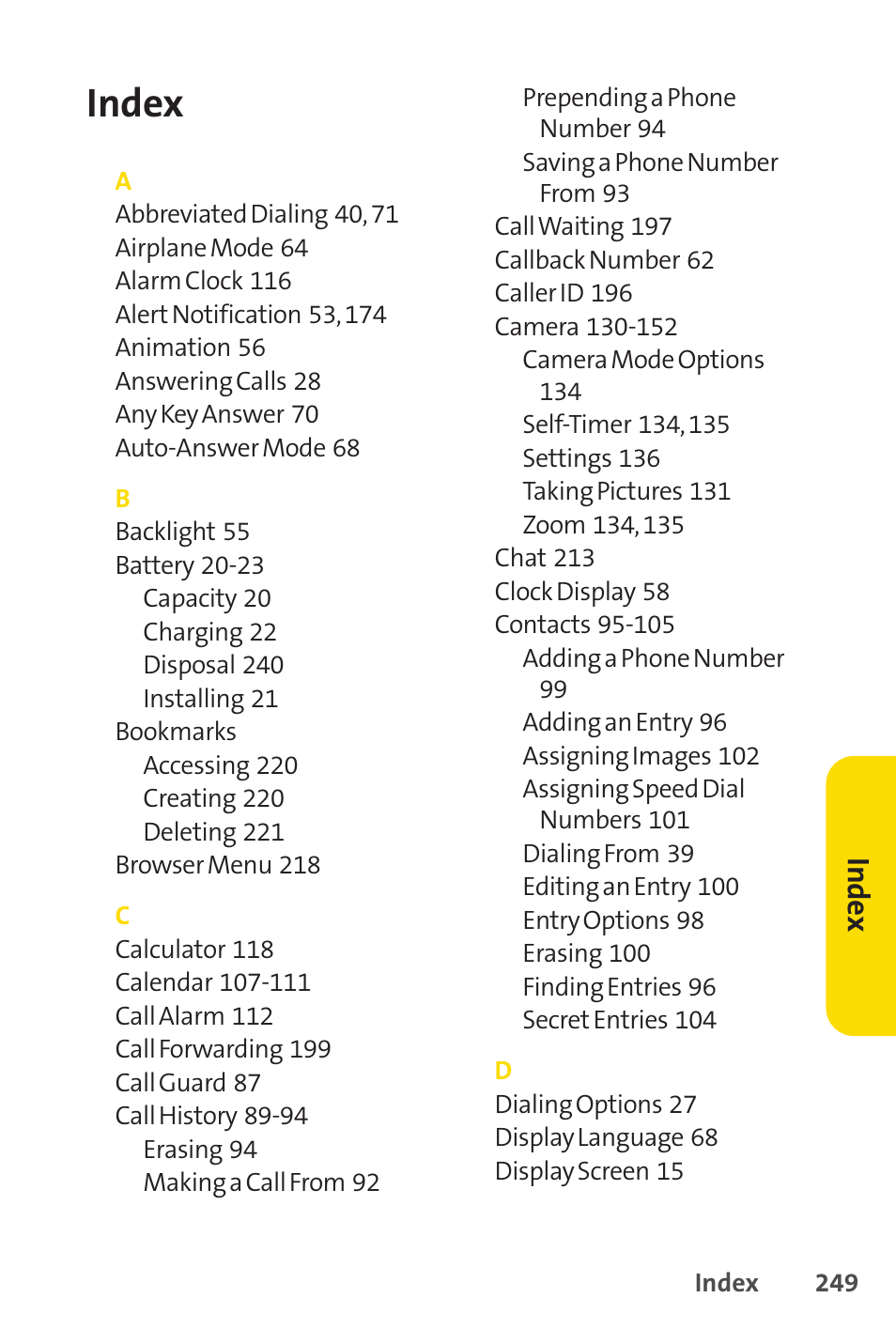 Index, Inde x | Sprint Nextel PCSVISIONPHONE SCP-3100 User Manual | Page 265 / 270