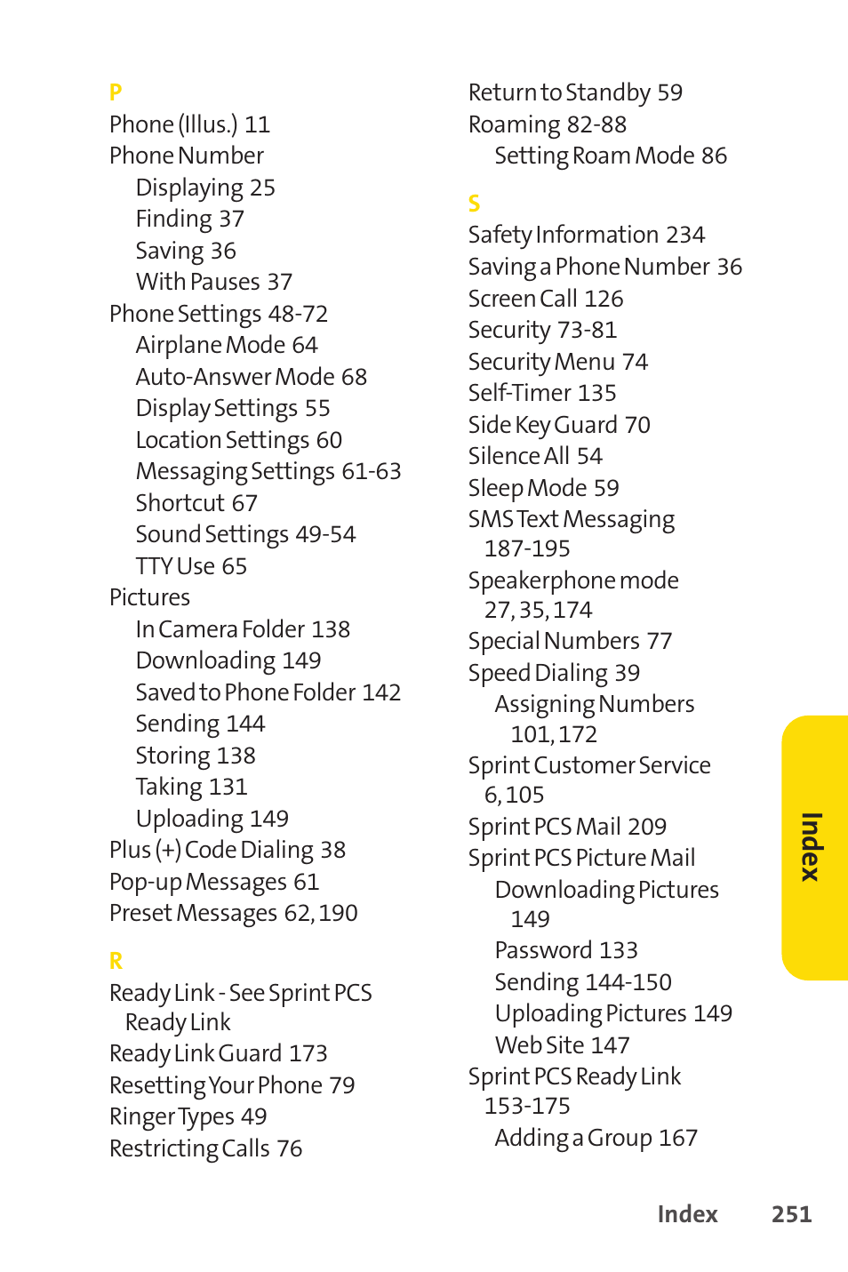 Inde x | Sprint Nextel PCSVISIONPHONE SCP-3100 User Manual | Page 267 / 270