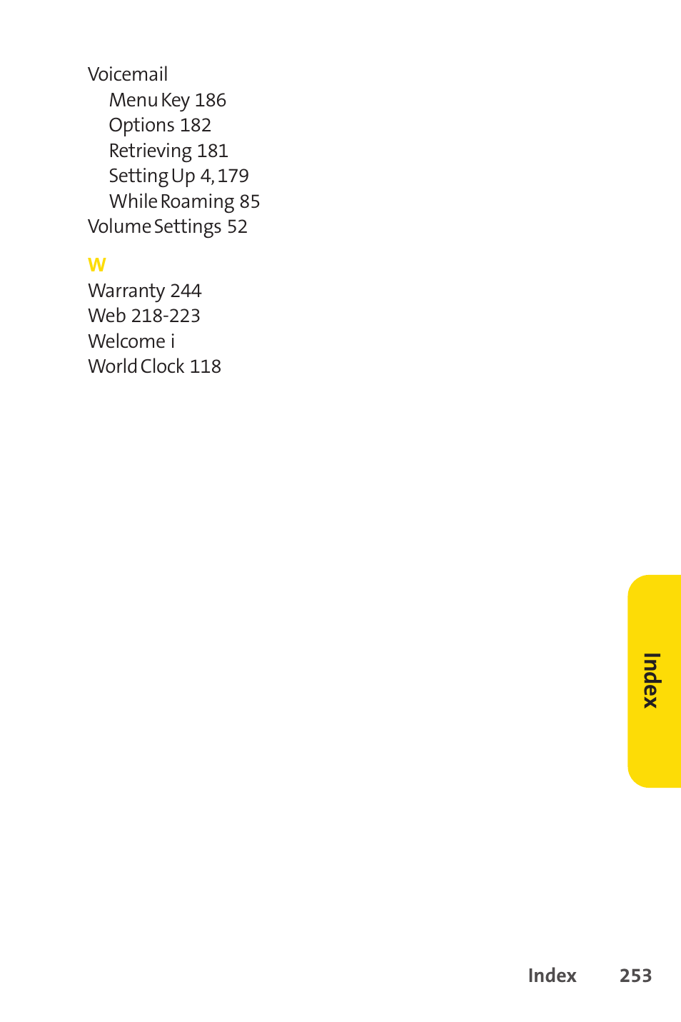 Inde x | Sprint Nextel PCSVISIONPHONE SCP-3100 User Manual | Page 269 / 270