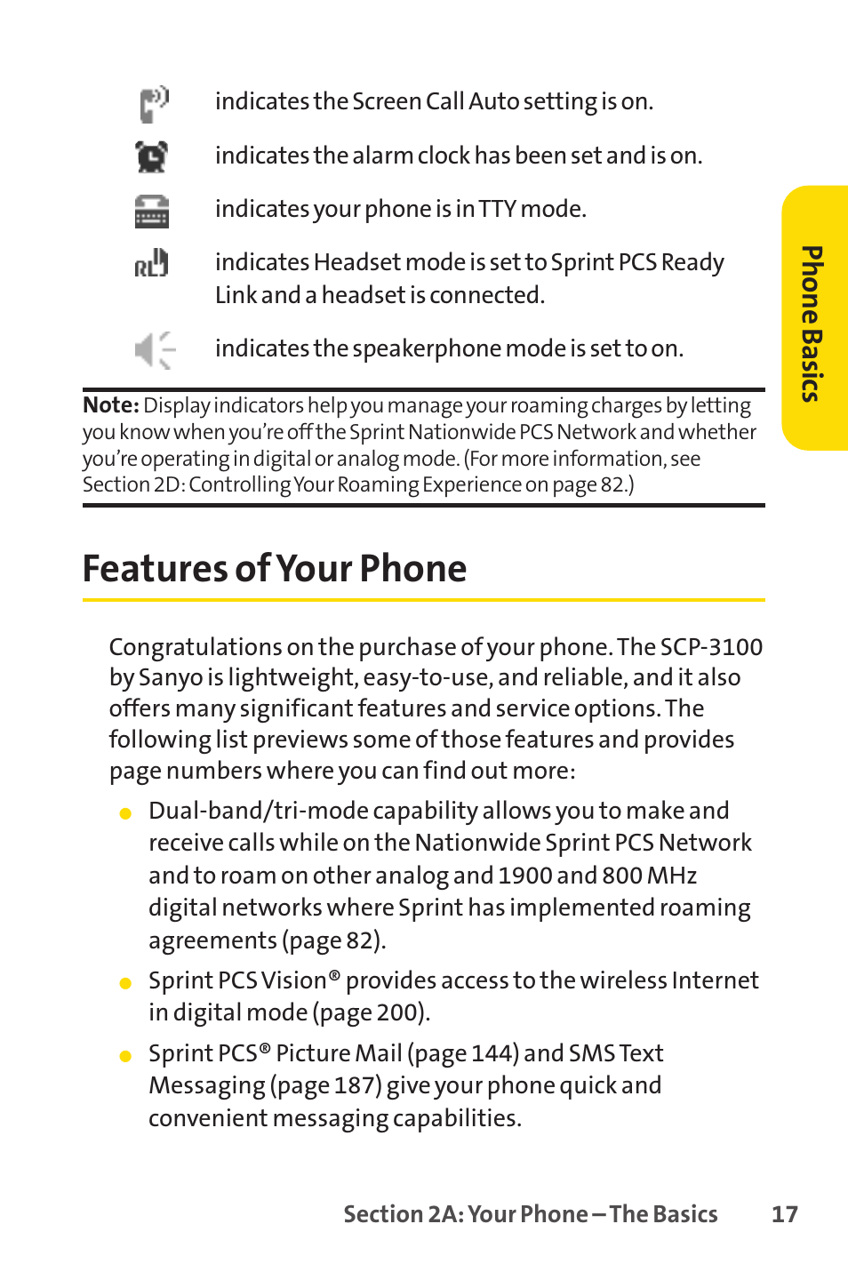 Features of your phone, Phone basics | Sprint Nextel PCSVISIONPHONE SCP-3100 User Manual | Page 33 / 270