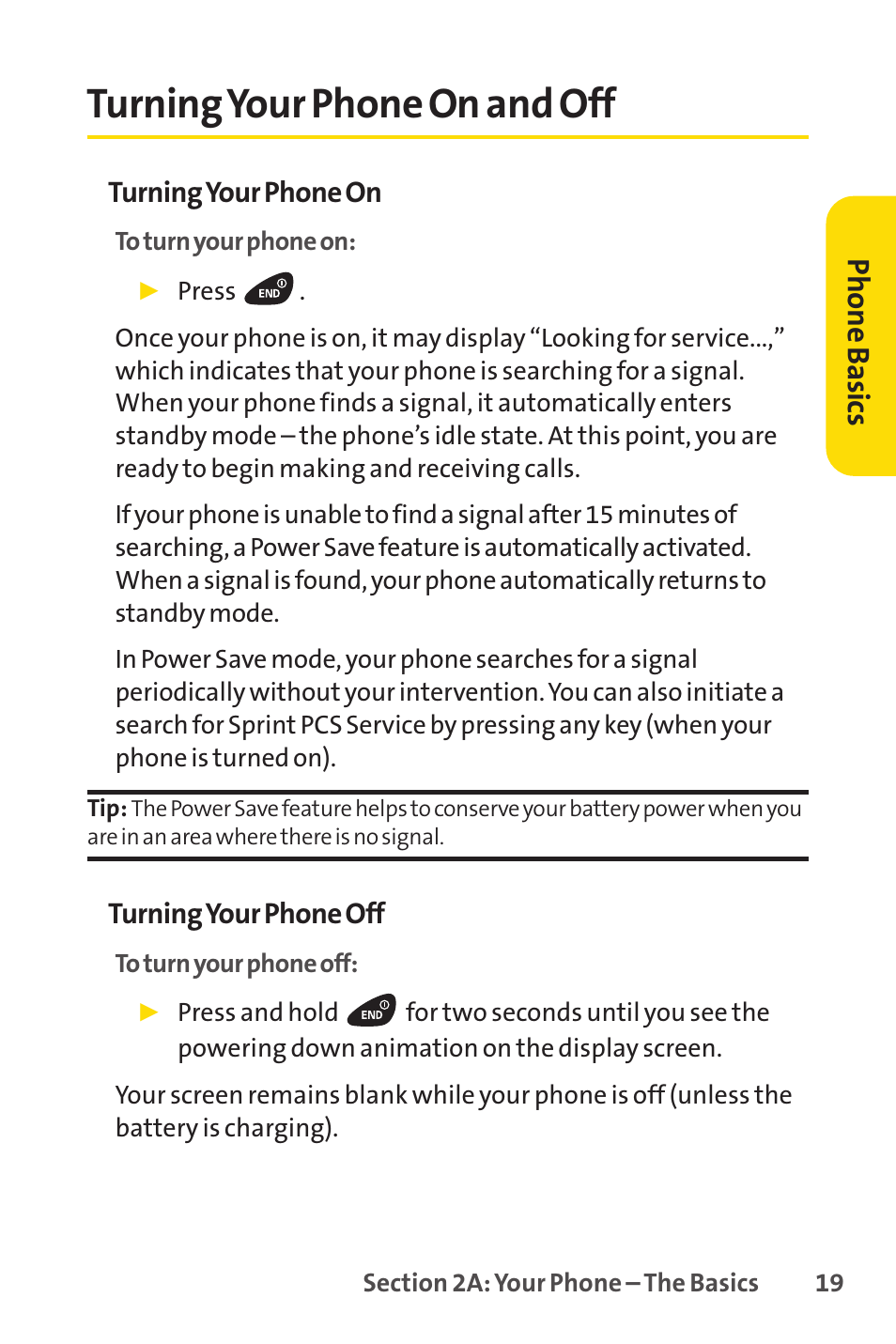 Turning your phone on and off, Phone basics | Sprint Nextel PCSVISIONPHONE SCP-3100 User Manual | Page 35 / 270