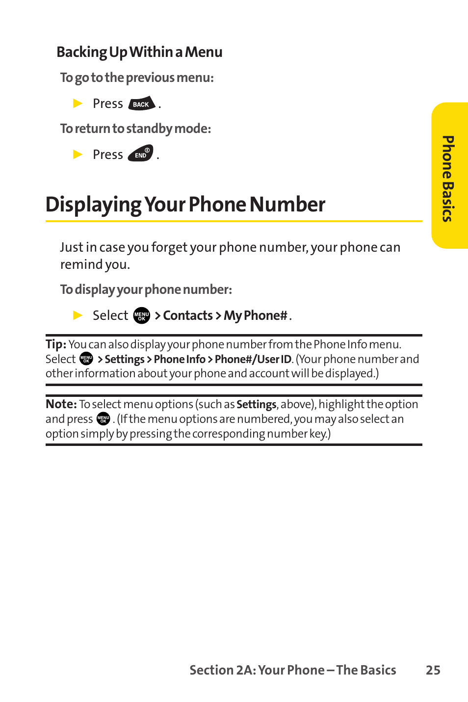 Displaying your phone number, Displayingyour phone number, Phone basics | Backing up within a menu | Sprint Nextel PCSVISIONPHONE SCP-3100 User Manual | Page 41 / 270