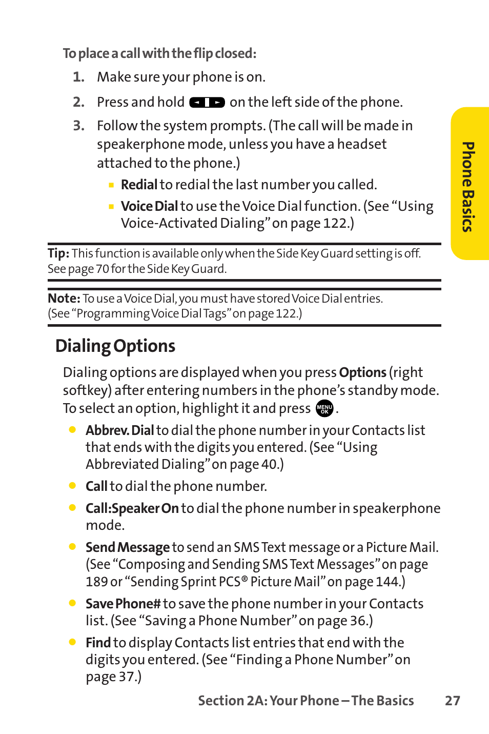 Dialing options, Phone basics | Sprint Nextel PCSVISIONPHONE SCP-3100 User Manual | Page 43 / 270