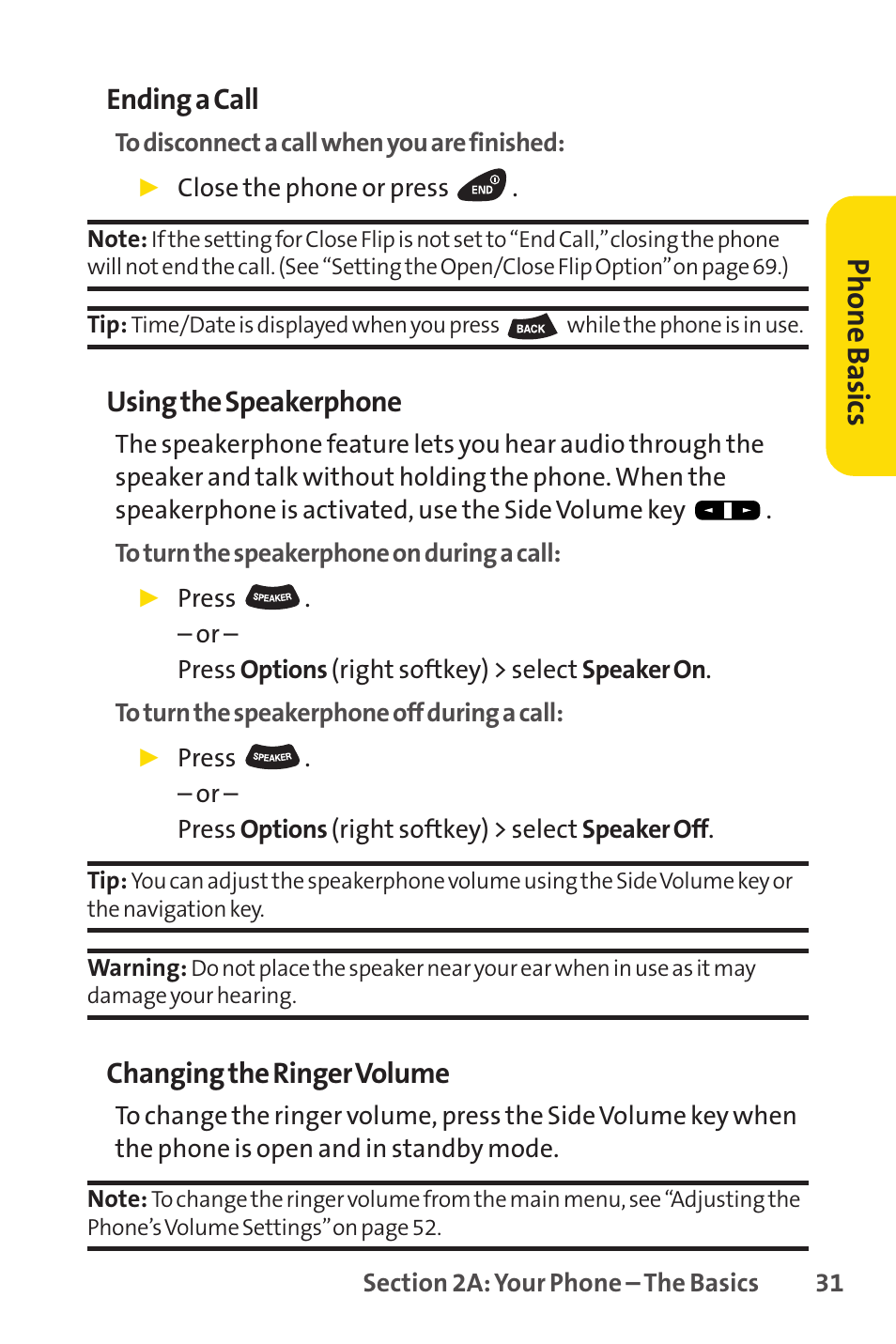 Phone basics, Ending a call, Using the speakerphone | Changing the ringer volume | Sprint Nextel PCSVISIONPHONE SCP-3100 User Manual | Page 47 / 270