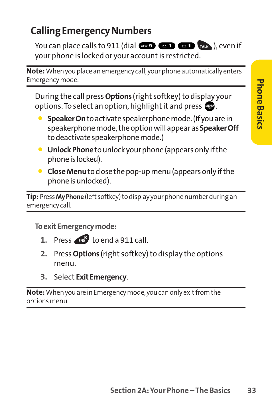 Calling emergency numbers, Phone basics | Sprint Nextel PCSVISIONPHONE SCP-3100 User Manual | Page 49 / 270