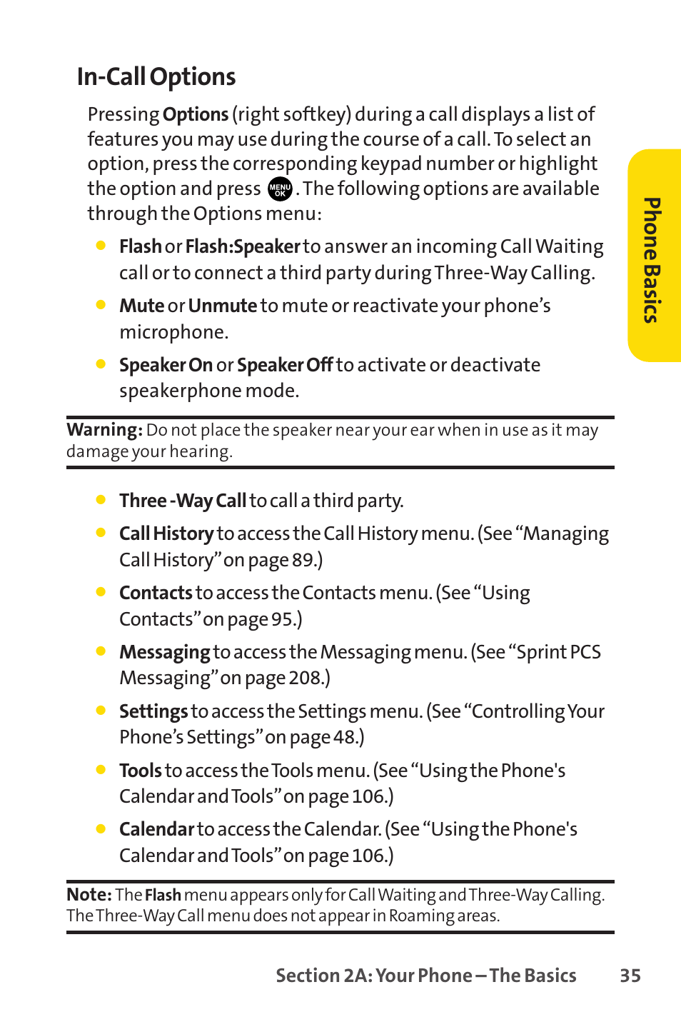 In-call options, Phone basics | Sprint Nextel PCSVISIONPHONE SCP-3100 User Manual | Page 51 / 270
