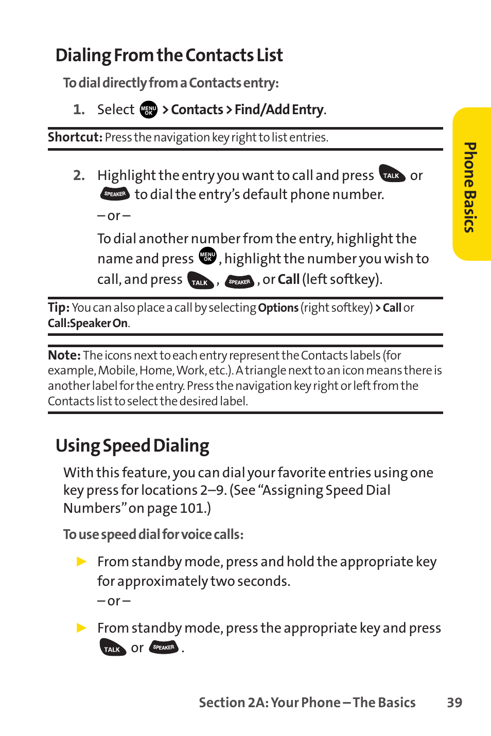 Dialing from the contacts list, Using speed dialing, Phone basics | Sprint Nextel PCSVISIONPHONE SCP-3100 User Manual | Page 55 / 270