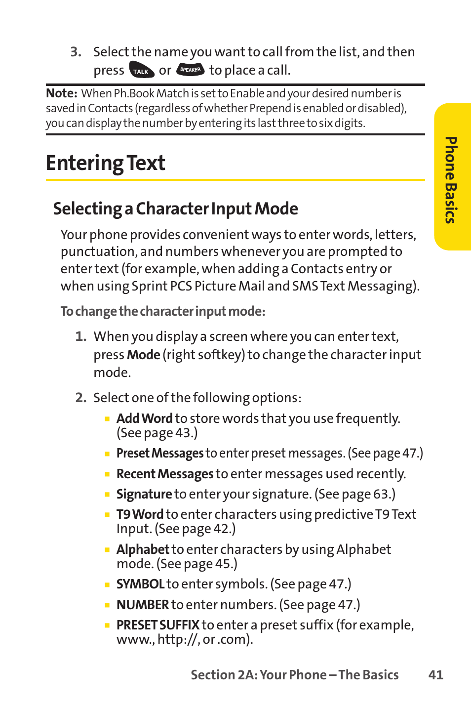 Entering text, Selecting a character input mode, Phone basics | Sprint Nextel PCSVISIONPHONE SCP-3100 User Manual | Page 57 / 270