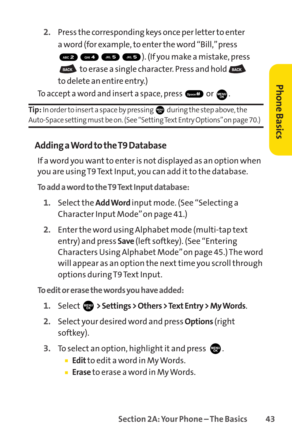 Phone basics, Adding a word to the t9 database | Sprint Nextel PCSVISIONPHONE SCP-3100 User Manual | Page 59 / 270