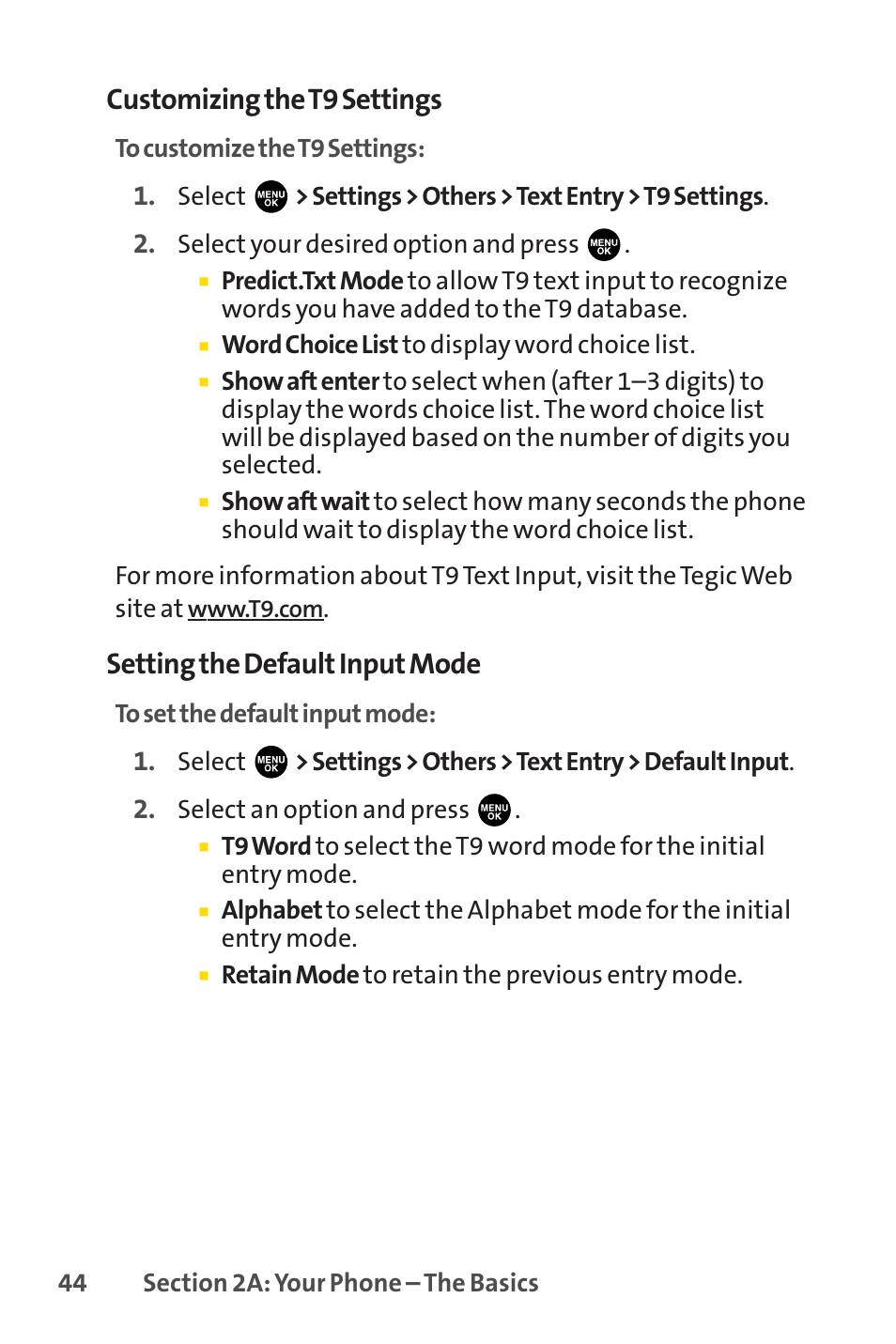 Customizing the t9 settings, Setting the default input mode | Sprint Nextel PCSVISIONPHONE SCP-3100 User Manual | Page 60 / 270