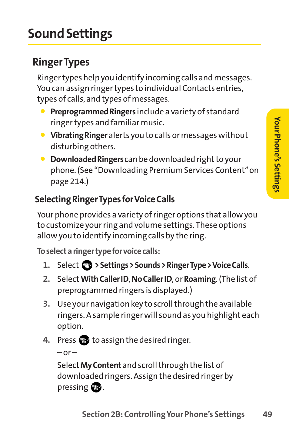 Sound settings, Ringer types | Sprint Nextel PCSVISIONPHONE SCP-3100 User Manual | Page 65 / 270