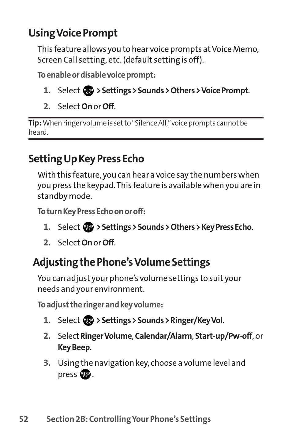 Using voice prompt, Setting up key press echo, Adjusting the phone’s volume settings | Sprint Nextel PCSVISIONPHONE SCP-3100 User Manual | Page 68 / 270