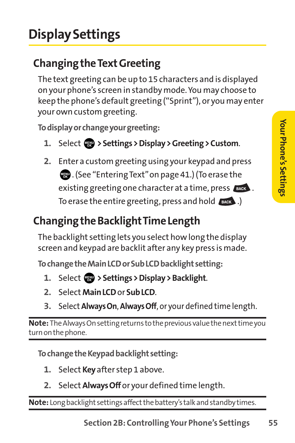 Display settings, Changing the text greeting, Changing the backlighttime length | Sprint Nextel PCSVISIONPHONE SCP-3100 User Manual | Page 71 / 270