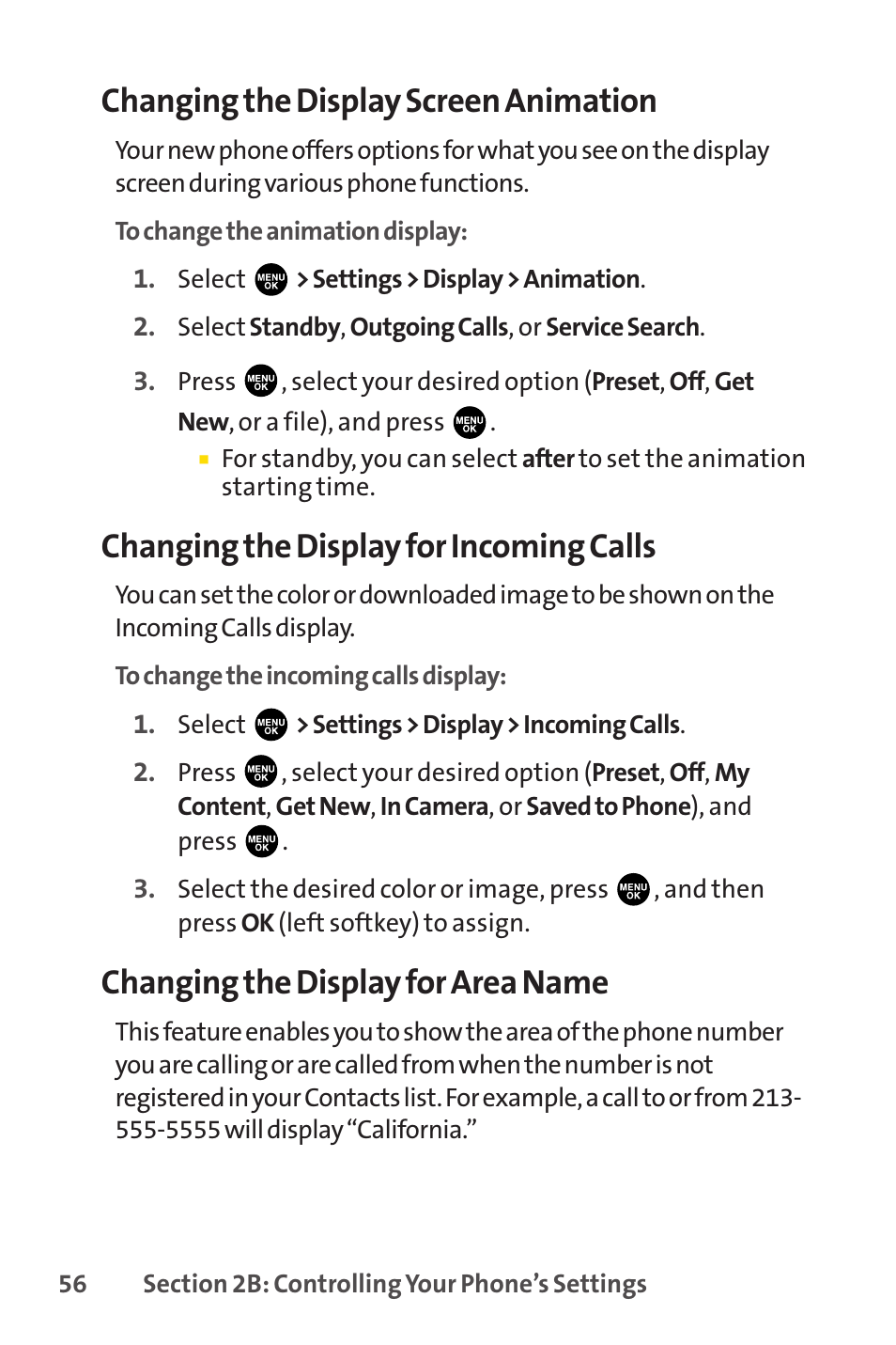 Changing the display screen animation, Changing the display for incoming calls, Changing the display for area name | Sprint Nextel PCSVISIONPHONE SCP-3100 User Manual | Page 72 / 270