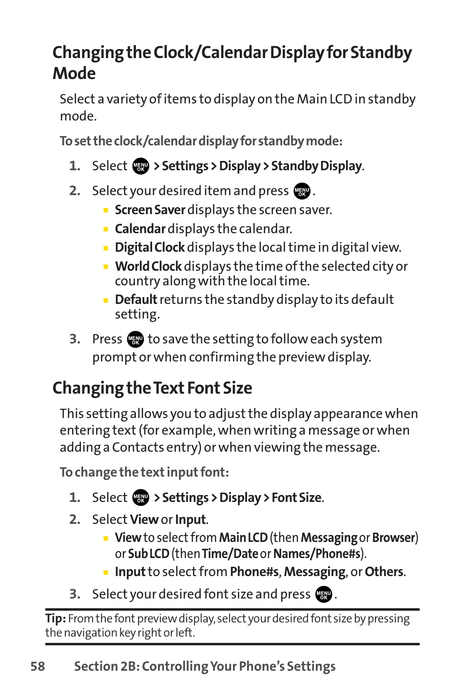 Changing the text font size | Sprint Nextel PCSVISIONPHONE SCP-3100 User Manual | Page 74 / 270