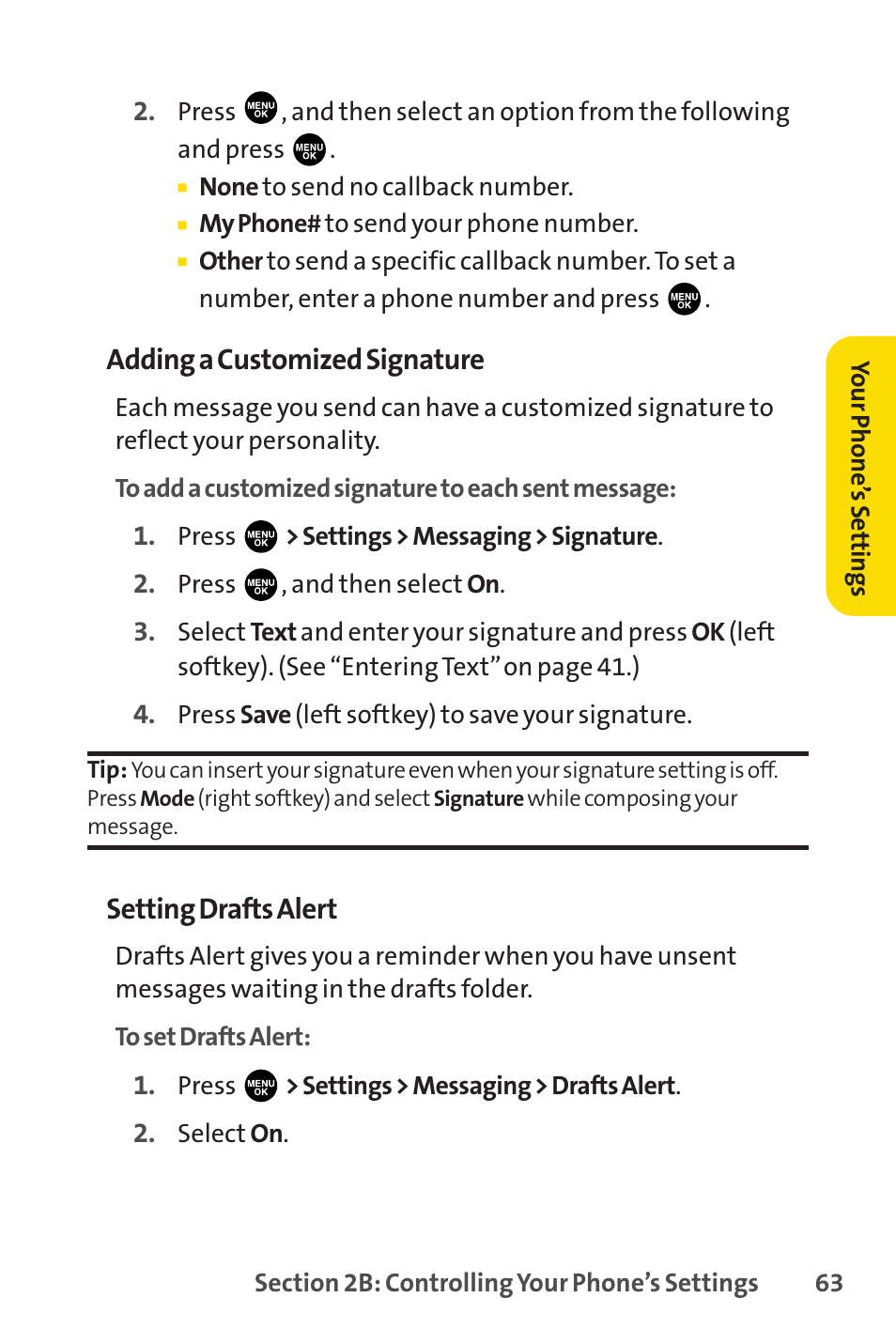 Adding a customized signature, Setting drafts alert | Sprint Nextel PCSVISIONPHONE SCP-3100 User Manual | Page 79 / 270