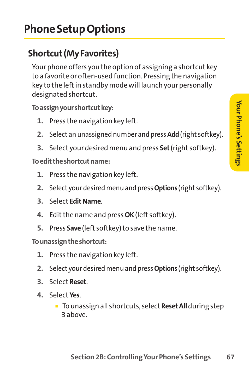 Phone setup options, Shortcut (my favorites) | Sprint Nextel PCSVISIONPHONE SCP-3100 User Manual | Page 83 / 270
