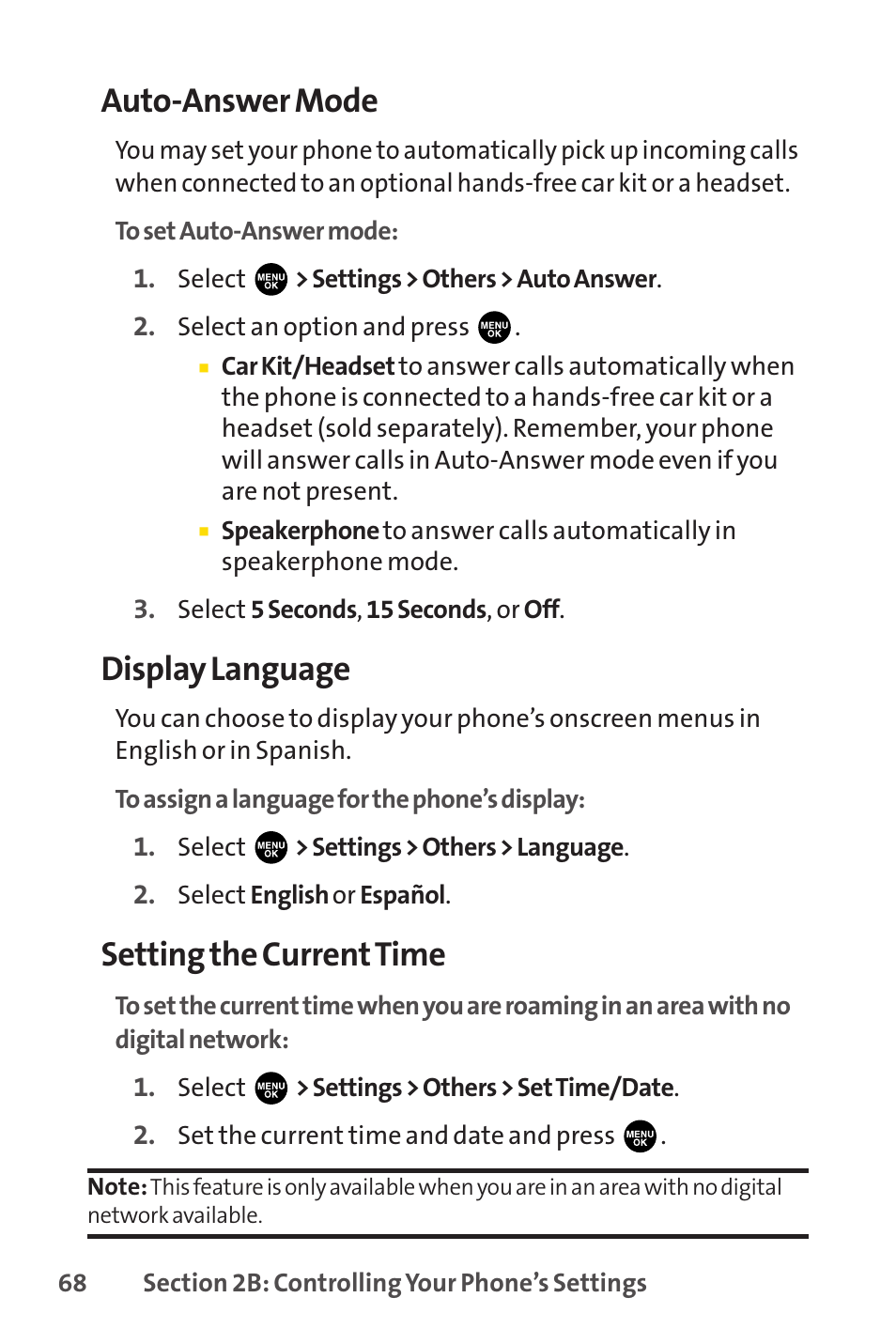 Auto-answer mode, Display language, Setting the current time | Sprint Nextel PCSVISIONPHONE SCP-3100 User Manual | Page 84 / 270