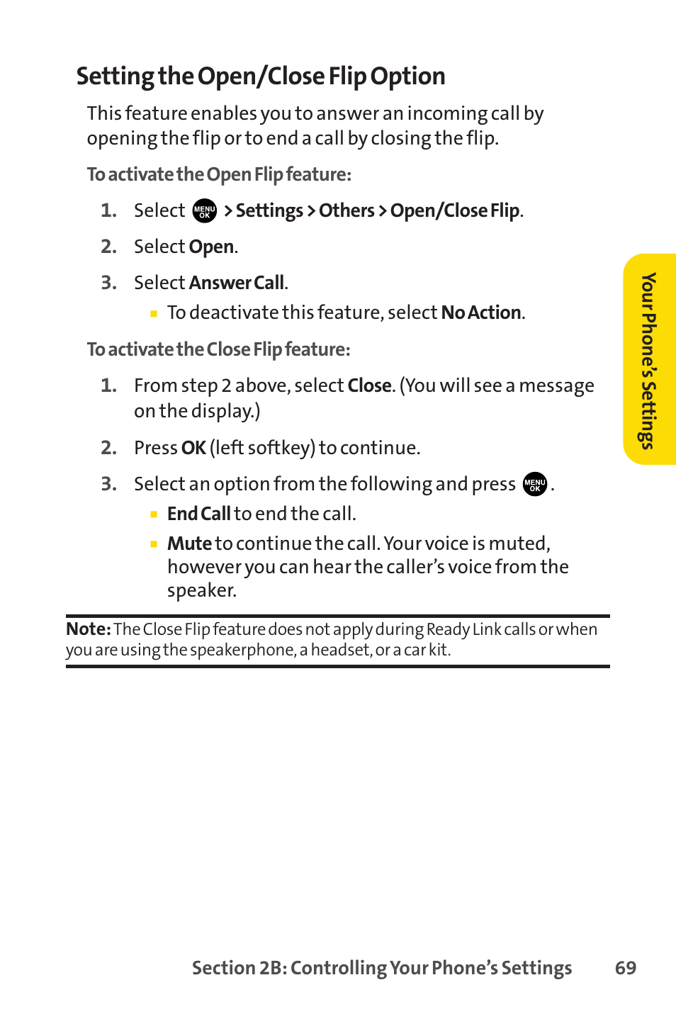 Setting the open/close flip option | Sprint Nextel PCSVISIONPHONE SCP-3100 User Manual | Page 85 / 270