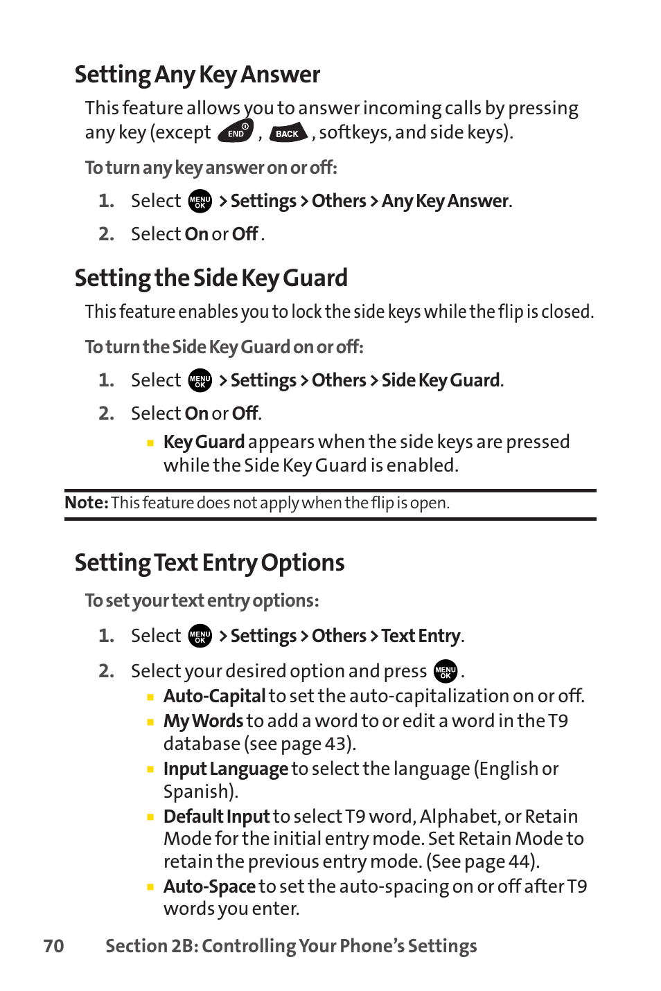 Setting any key answer, Setting the side key guard, Setting text entry options | Sprint Nextel PCSVISIONPHONE SCP-3100 User Manual | Page 86 / 270