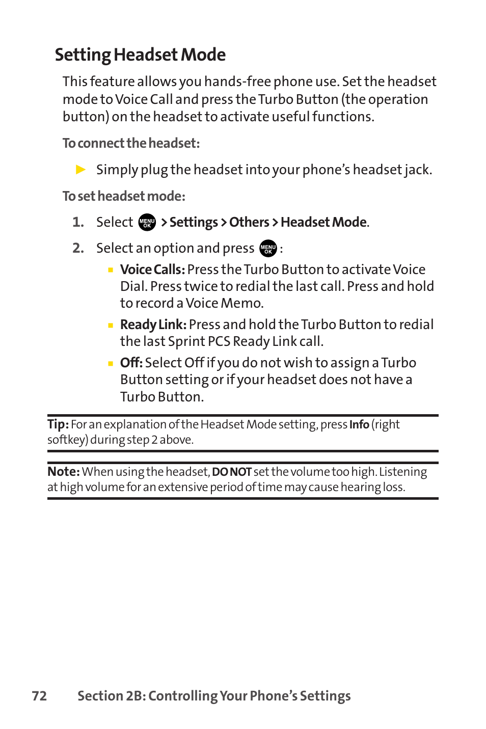 Setting headset mode | Sprint Nextel PCSVISIONPHONE SCP-3100 User Manual | Page 88 / 270