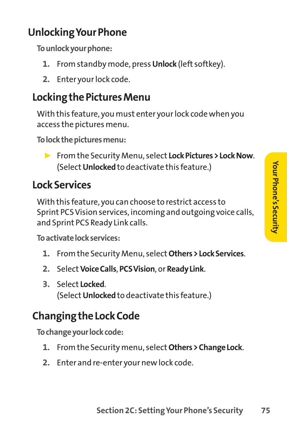 Unlocking your phone, Locking the pictures menu, Lock services | Changing the lock code | Sprint Nextel PCSVISIONPHONE SCP-3100 User Manual | Page 91 / 270