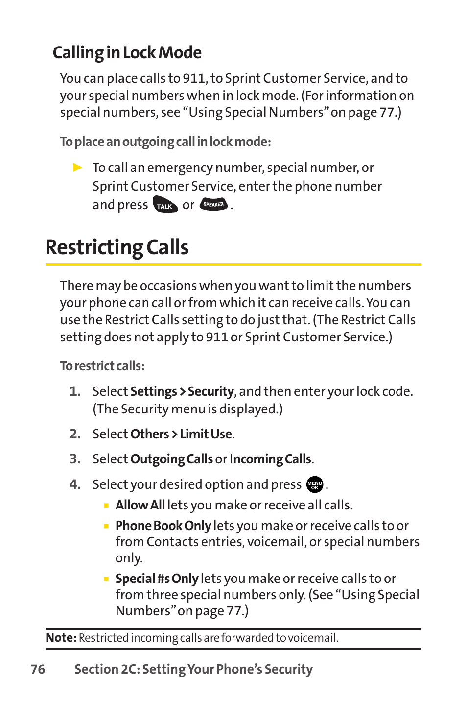 Restricting calls, Calling in lock mode | Sprint Nextel PCSVISIONPHONE SCP-3100 User Manual | Page 92 / 270