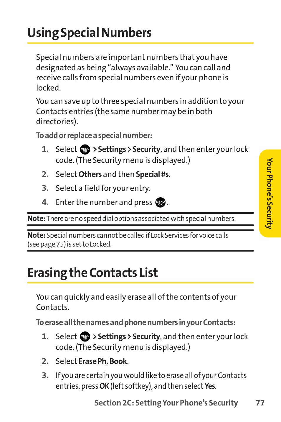 Using special numbers, Erasing the contacts list | Sprint Nextel PCSVISIONPHONE SCP-3100 User Manual | Page 93 / 270