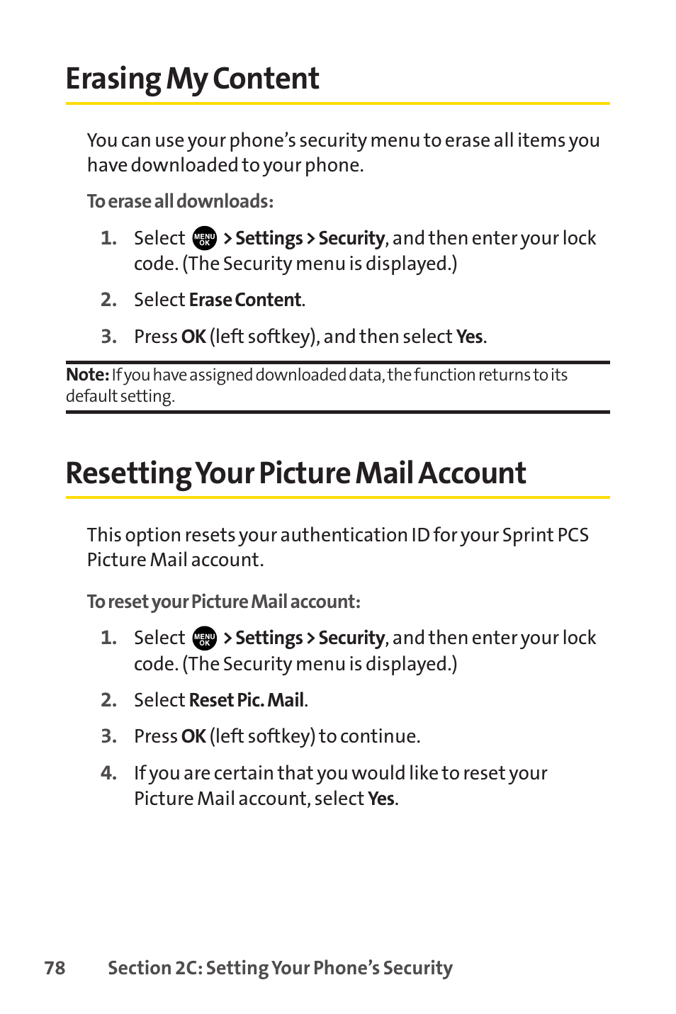 Erasing my content, Resetting your picture mail account | Sprint Nextel PCSVISIONPHONE SCP-3100 User Manual | Page 94 / 270