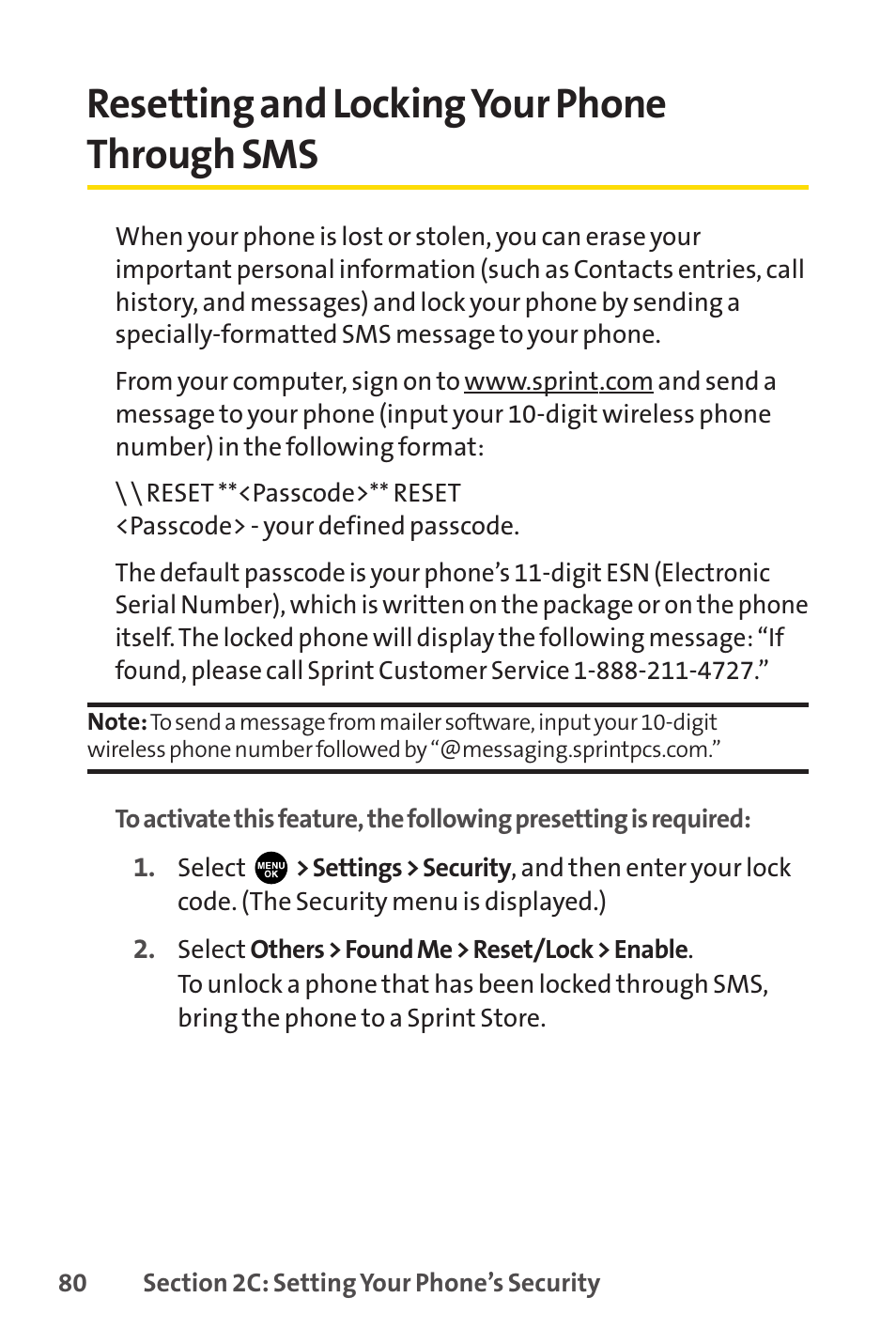 Resetting and locking your phone through sms | Sprint Nextel PCSVISIONPHONE SCP-3100 User Manual | Page 96 / 270