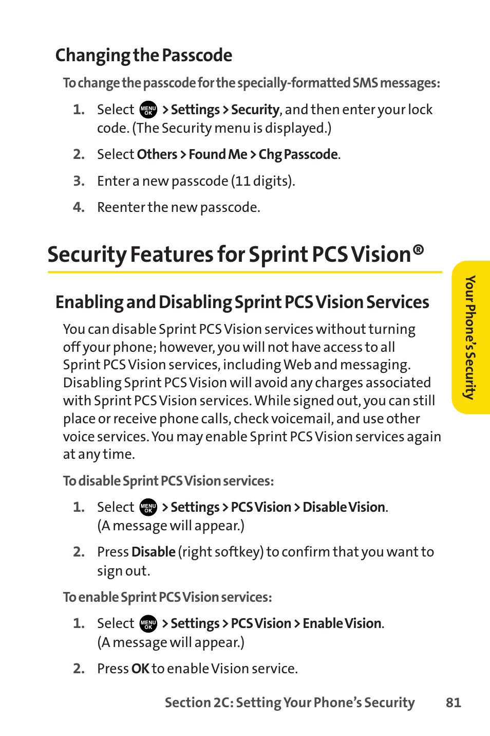Security features for sprint pcs vision, Changing the passcode, Enabling and disabling sprint pcs vision services | Sprint Nextel PCSVISIONPHONE SCP-3100 User Manual | Page 97 / 270