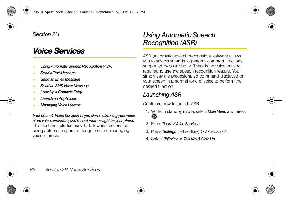 Voice services, Using automatic speech recognition (asr), Launching asr | 2h. voice services | Sprint Nextel M520 User Manual | Page 102 / 199