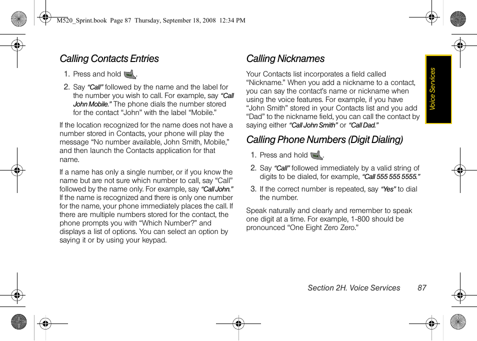 Calling contacts entries, Calling nicknames, Calling phone numbers (digit dialing) | Sprint Nextel M520 User Manual | Page 103 / 199