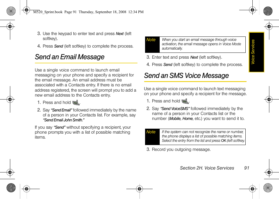 Send an email message, Send an sms voice message | Sprint Nextel M520 User Manual | Page 107 / 199